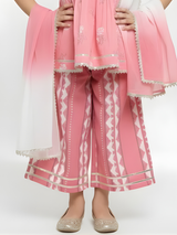 Girls' Powder Pink Embroidered Peplum Kurta & Printed Sharara Set.