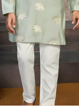 Boys' Olive Green Kurta Pyjama Set with Gold Brocade Waistcoat (3-Piece)