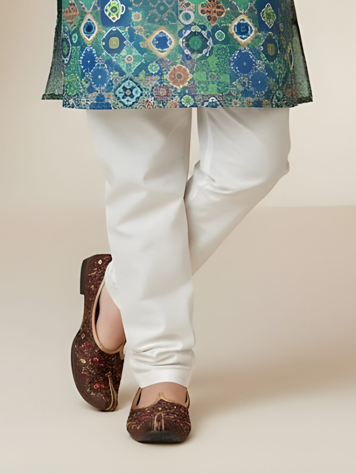 Boys' Festive Multi-Color Geometric Print Kurta with Cream Pyjama Set.