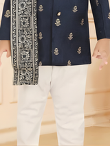 Toddler Boys' Navy Blue Brocade Bandhgala Kurta Set with Shawl