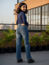 Girls' Blue Embroidered Wide-Leg Denim Jeans.
