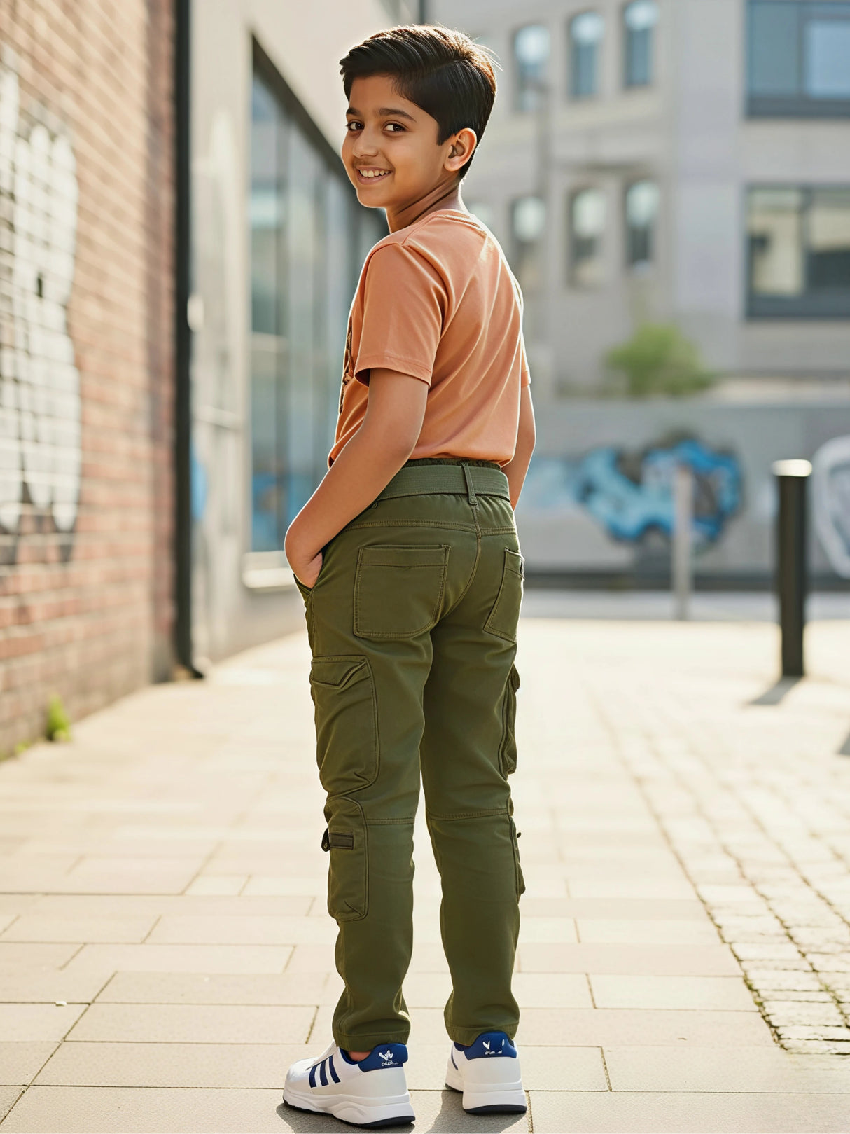 Boys' Olive Green Multi-Pocket Cargo Pants with Web Belt.