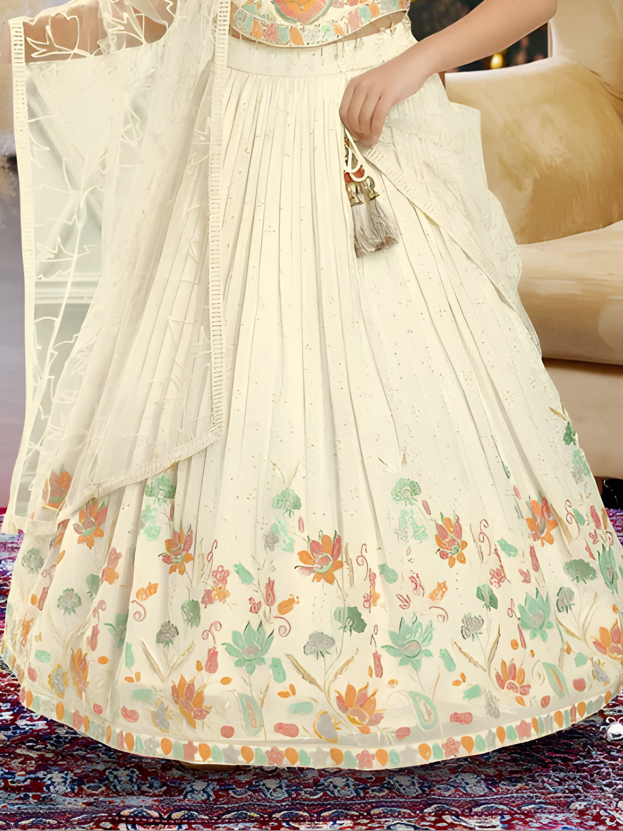 Girls' Elegant Pale Yellow Embroidered Lehenga