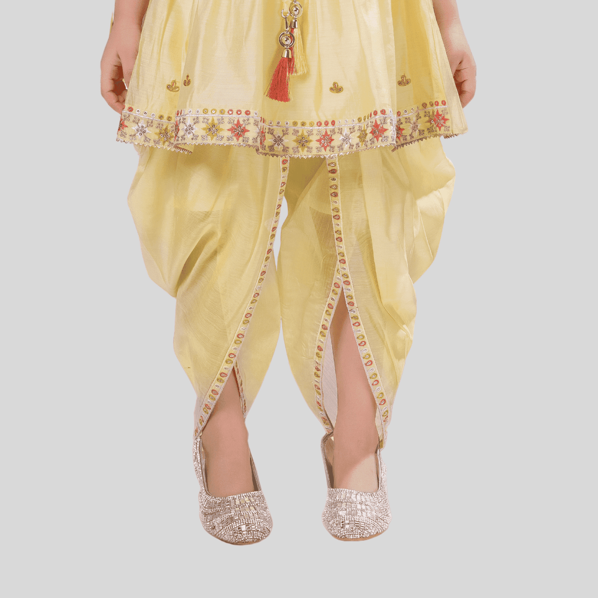 Girls Traditional Sleeves Less Dhoti Set - L.Yellow
