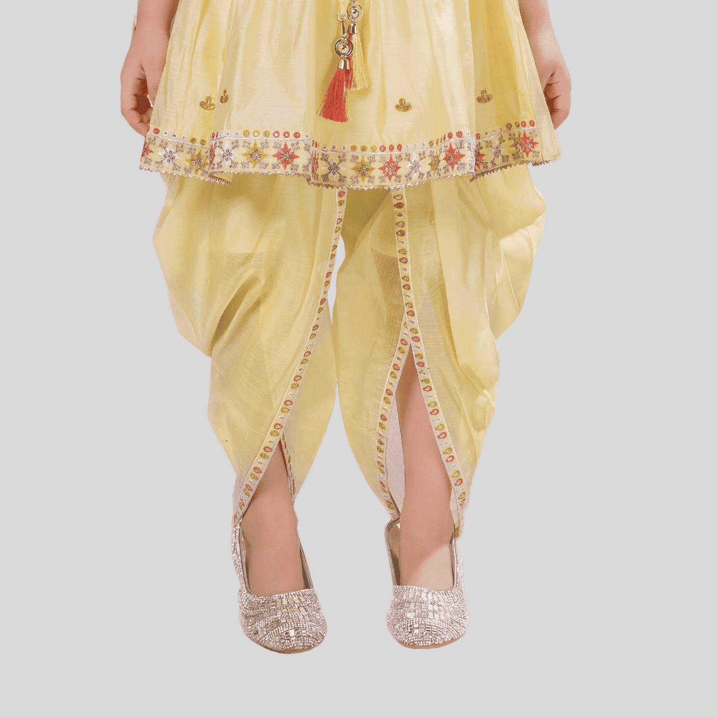 Girls' Pastel Yellow Peplum Kurti and Dhoti Set with Floral Yoke