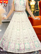Girls' Grand Cream Traditional Print Lehenga