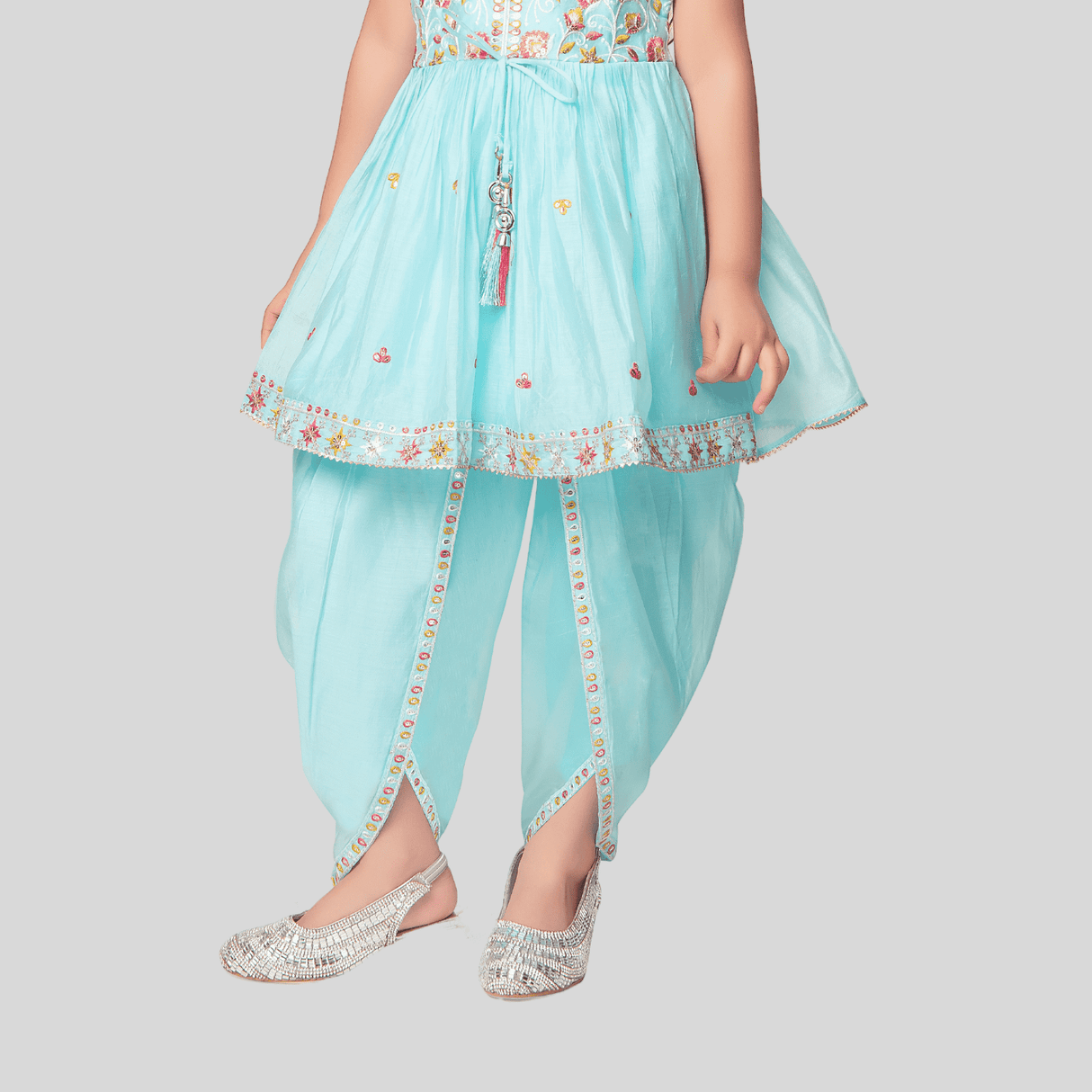 Girls Traditional Sleeves Less Dhoti Set - Blue