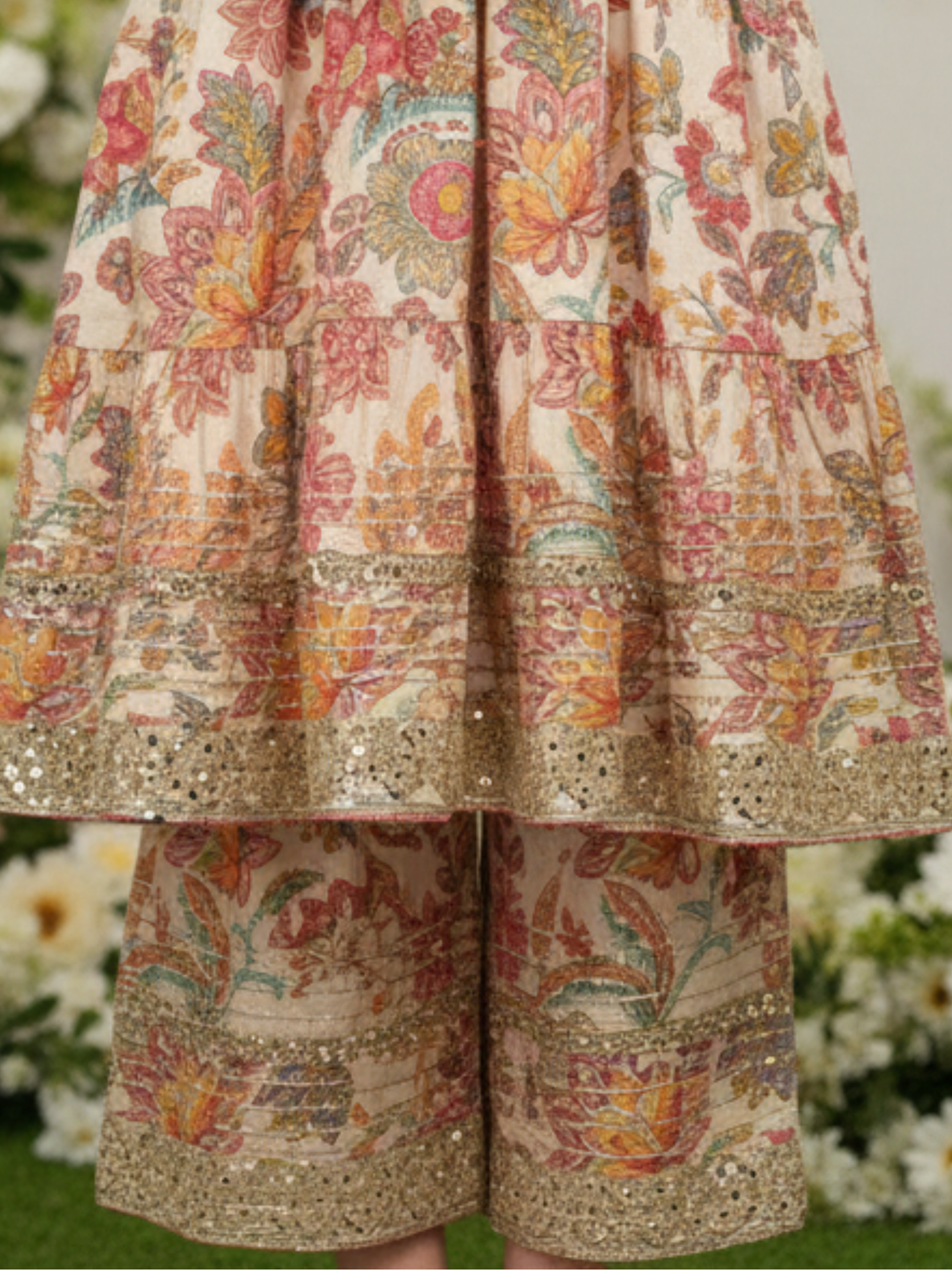 Girls' Elegant Cream Floral Tiered Suit Set with Heavy Sequin Work