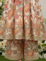 Girls' Elegant Cream Floral Tiered Suit Set with Heavy Sequin Work