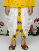 Boys' Yellow Printed Angrakha Kurta and White Dhoti Set