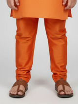 Boys' Vibrant Orange Kurta Pajama Set with Teal Geometric Print Jacket.