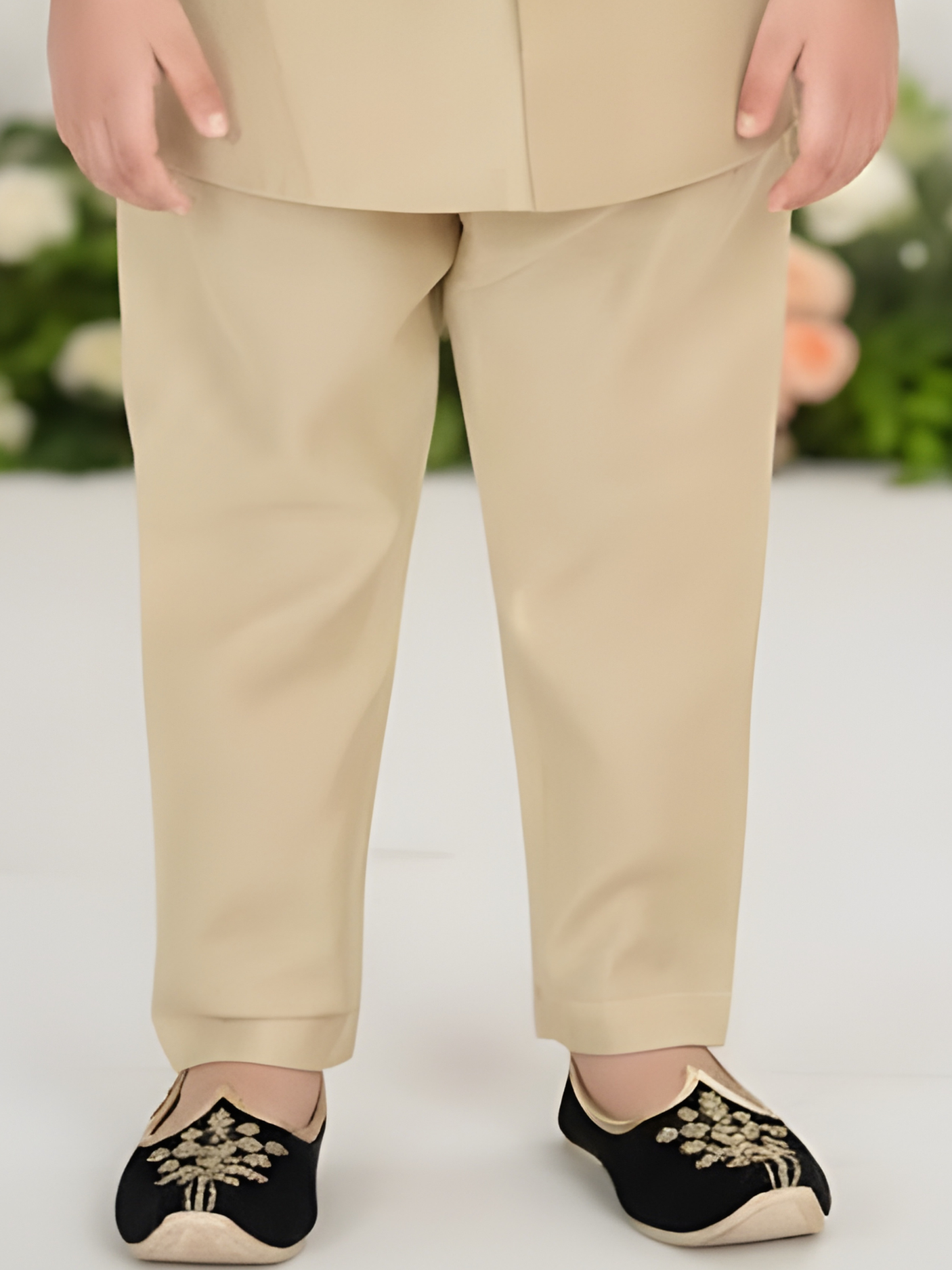 Boys' Fawn Beige Kurta Pajama Set with Embroidered Nehru Jacket