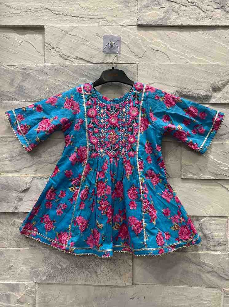 Girls' Blue Floral Ethnic Set with Embroidered Top & Palazzo Pants