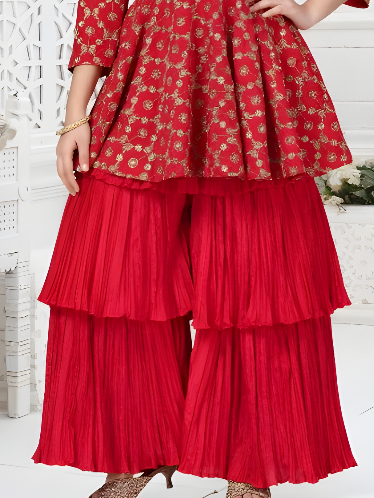 Girls Traditional 3/4th Sleeves Ghagara Set - Red