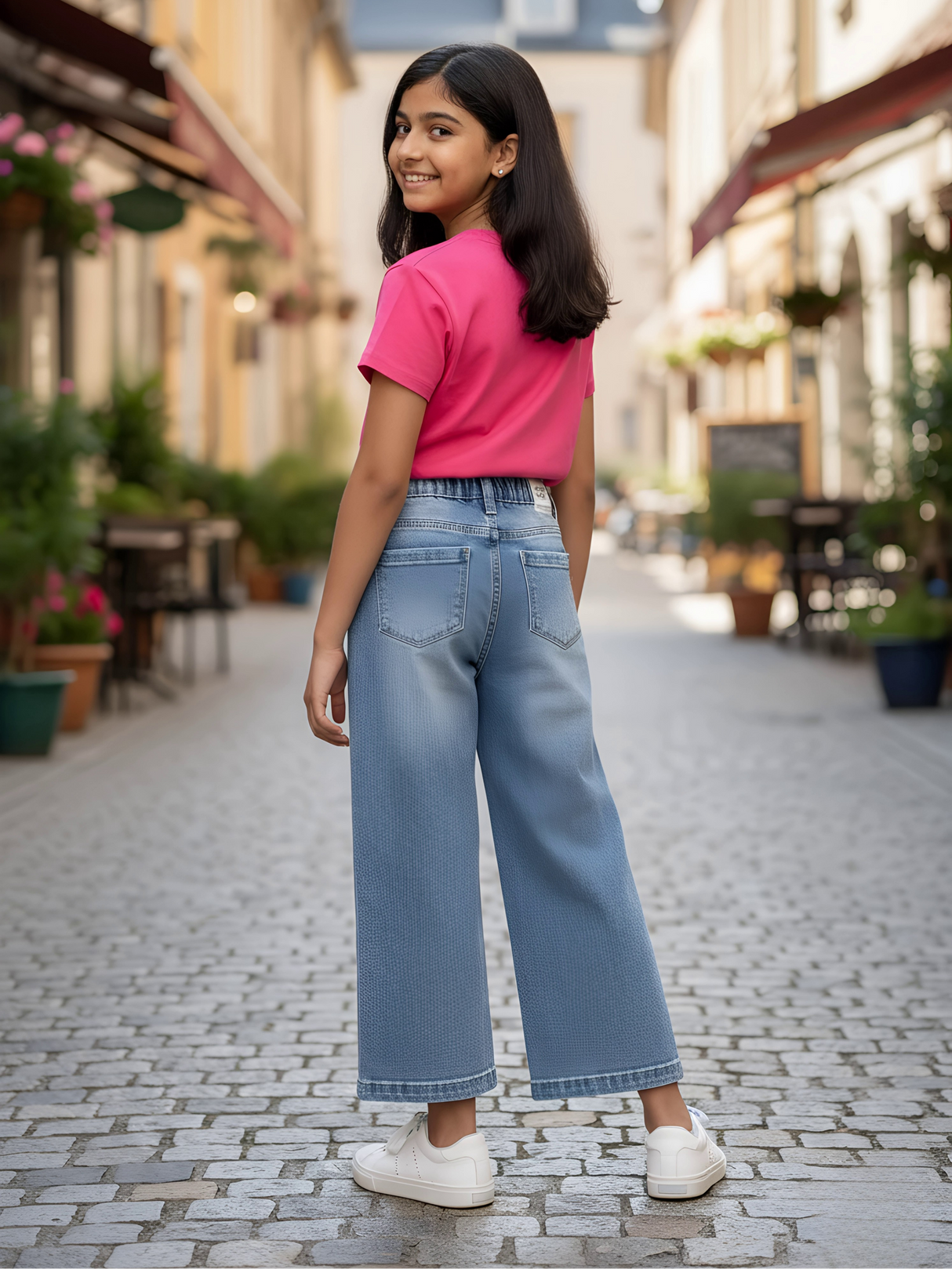 Girls High-Rise Wide-Leg Light Wash Denim Jeans.