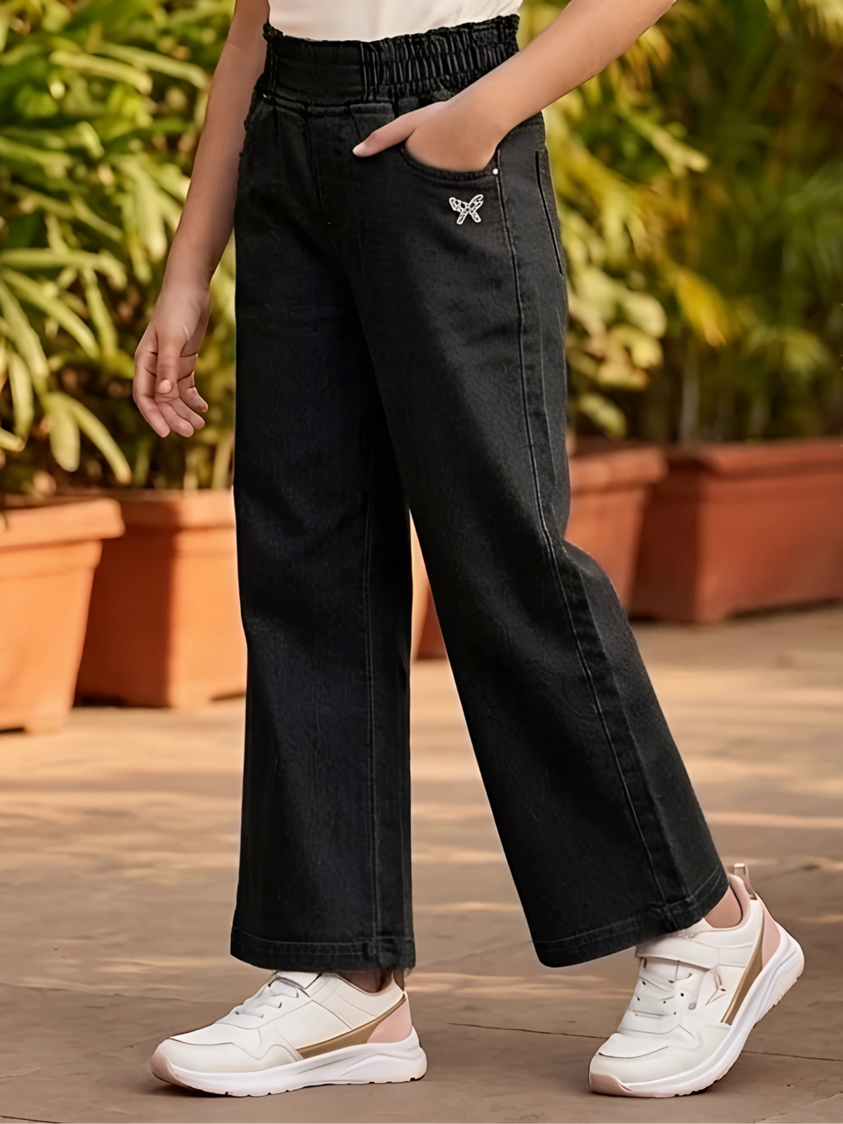 Girls' Trendy Wide-Leg Black Denim Pants
