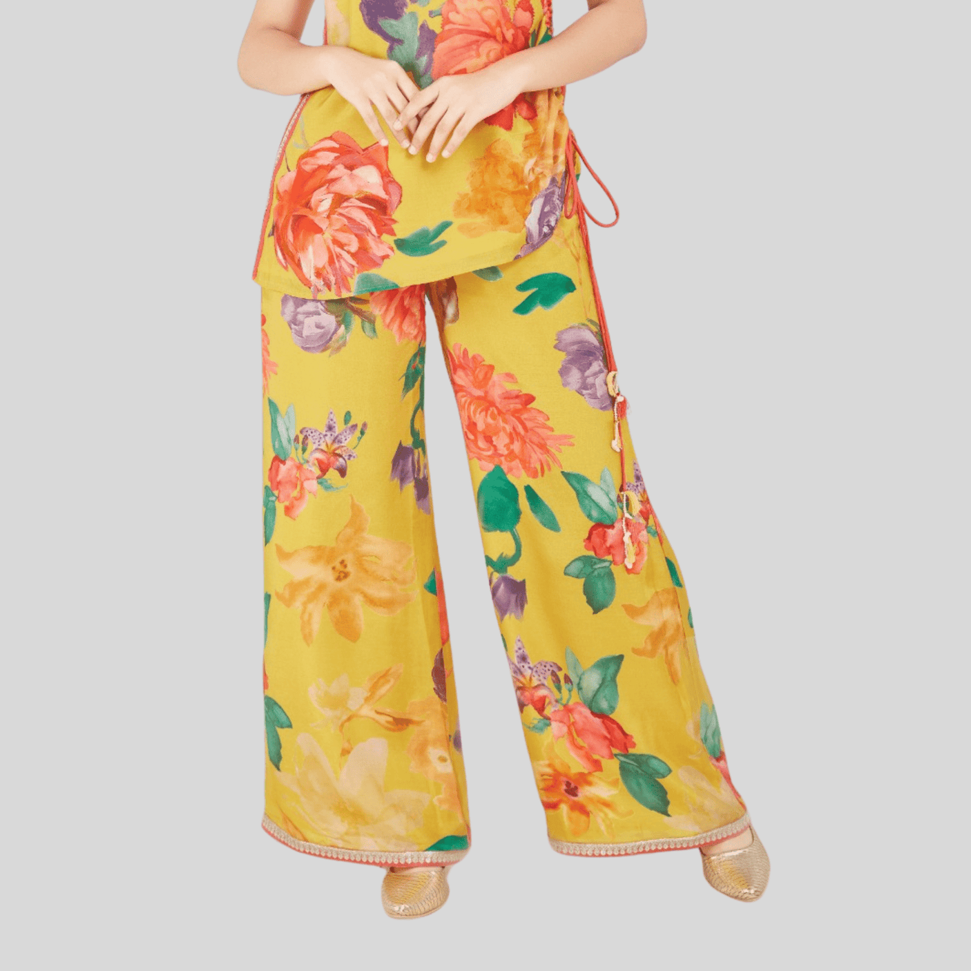 Girls Traditional Sleeves Less Plazo Set - Yellow