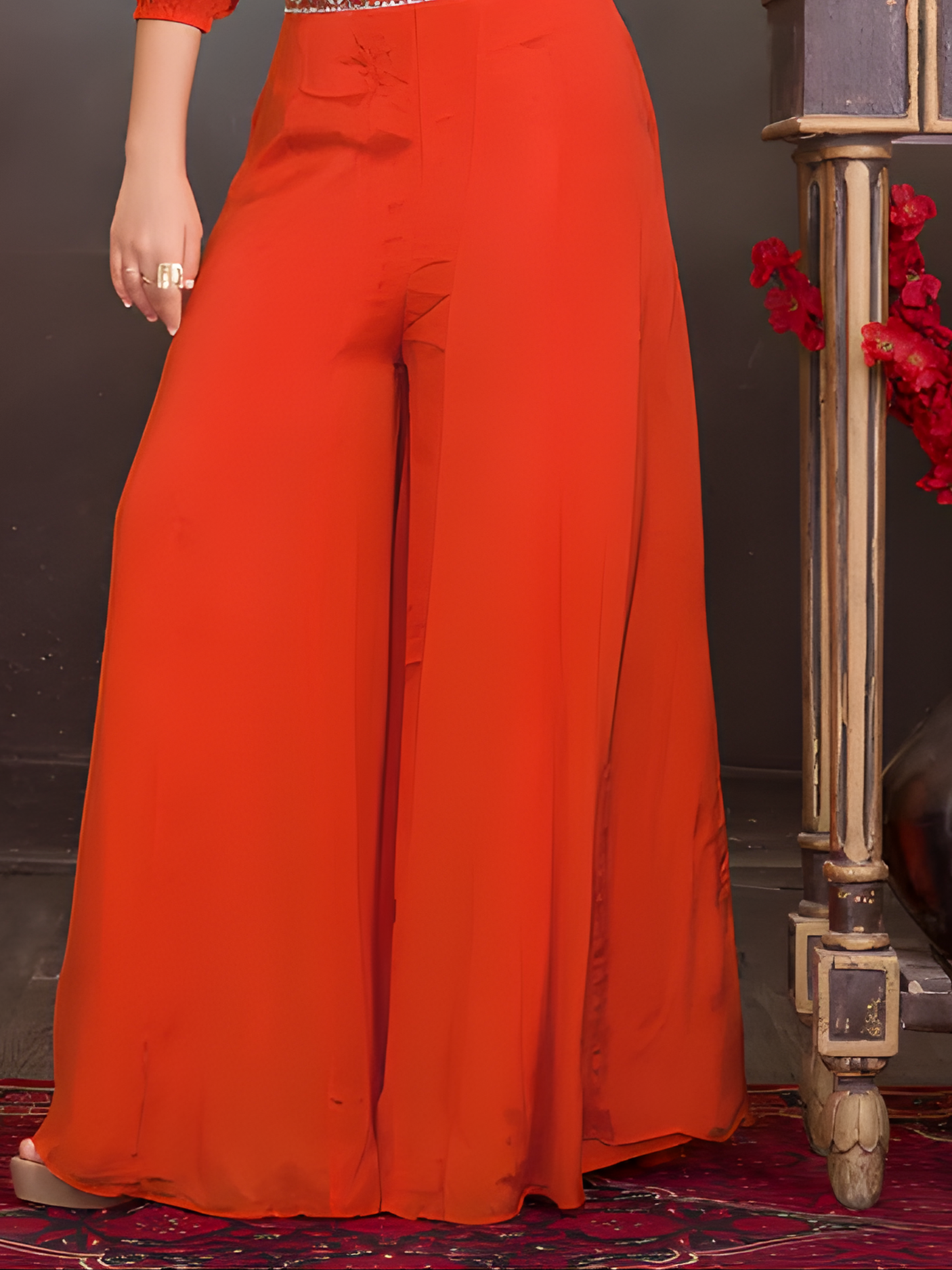 Girls Rust Orange Embroidered Crop Top and Palazzo Set