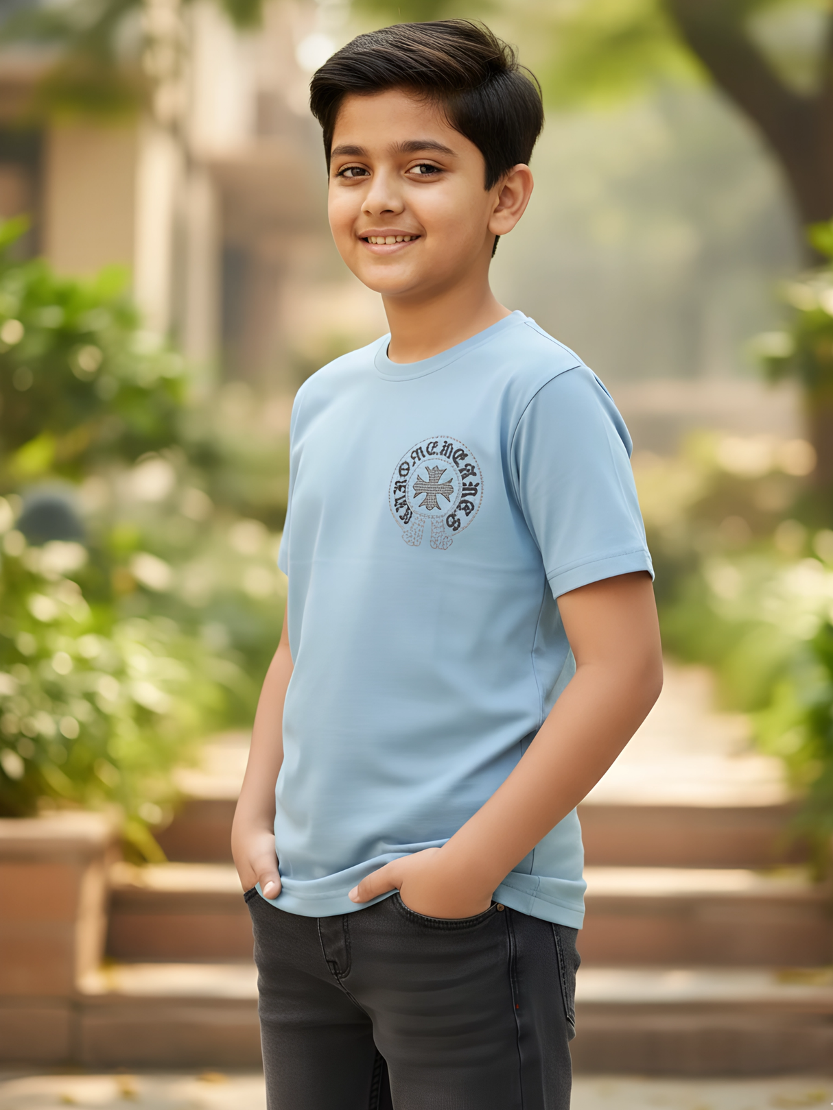 Kids' Cross Logo Streetwear T-Shirt - Light Blue Short Sleeve Tee.