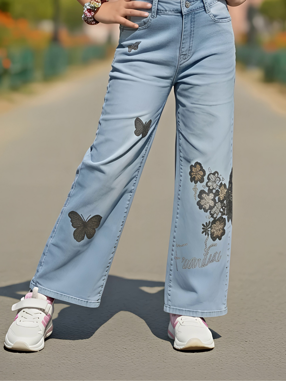 Girls' Light Blue Butterfly & Floral Print Wide-Leg Jeans