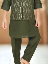 Boys' Olive Green Kurta Pajama Set with Gold Brocade Waistcoat