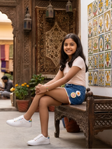 Girls' Floral Embroidered Blue Denim Shorts