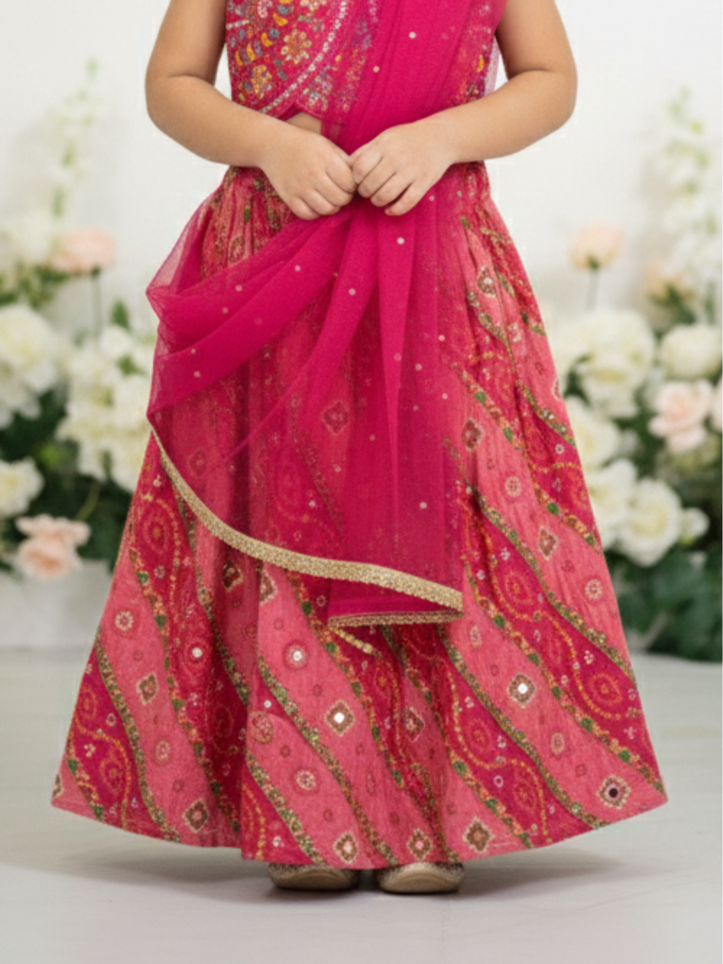 Girls' Fuchsia Pink Embroidered Kurti (Long Choli), Sharara & Dupatta Set