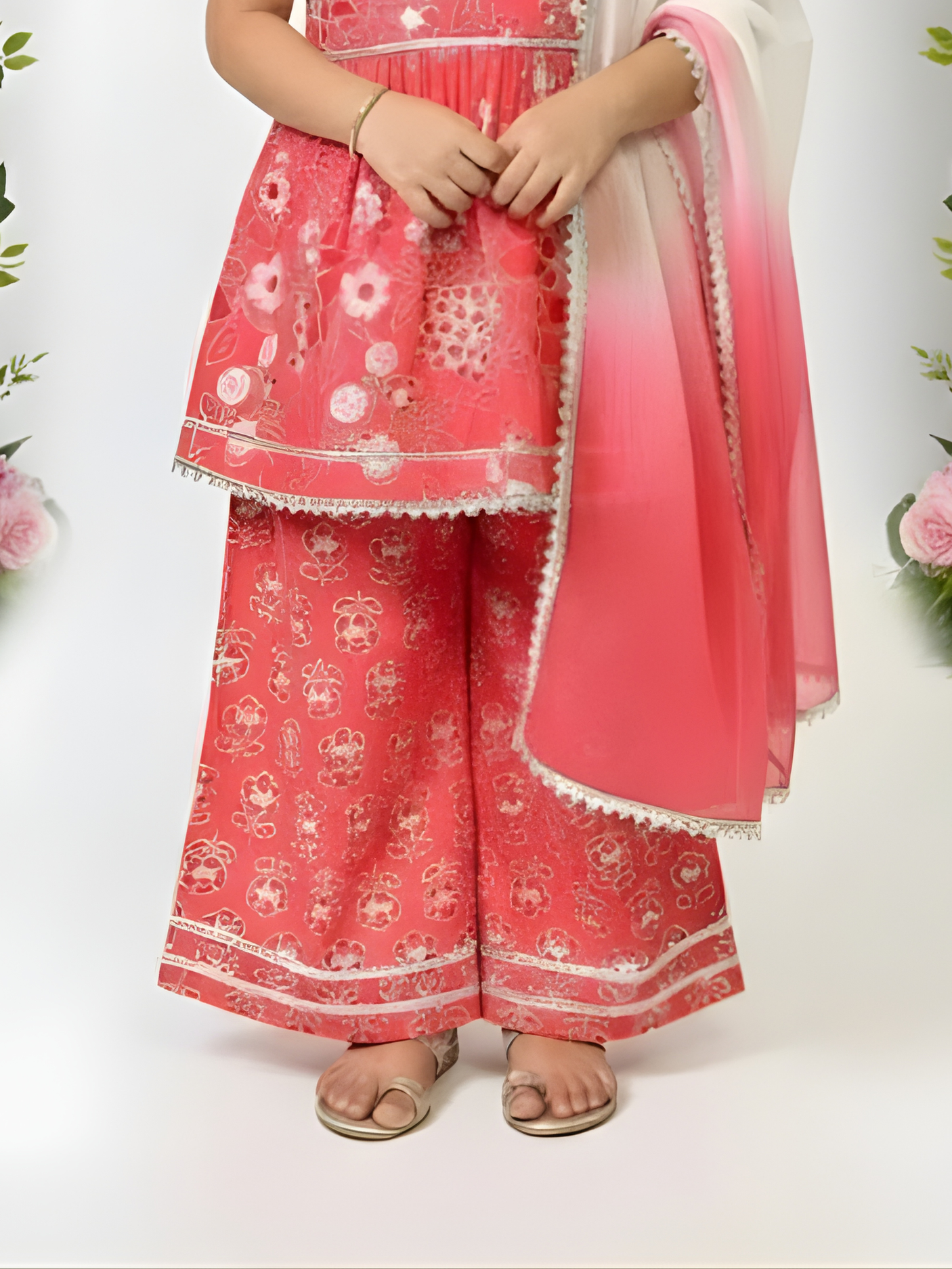 Girls' Hot Pink Sleeveless Peplum Kurti and Floral Sharara Set with Dupatta