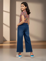 Girls' Dark Blue Wide-Leg High-Waist Denim Jeans.