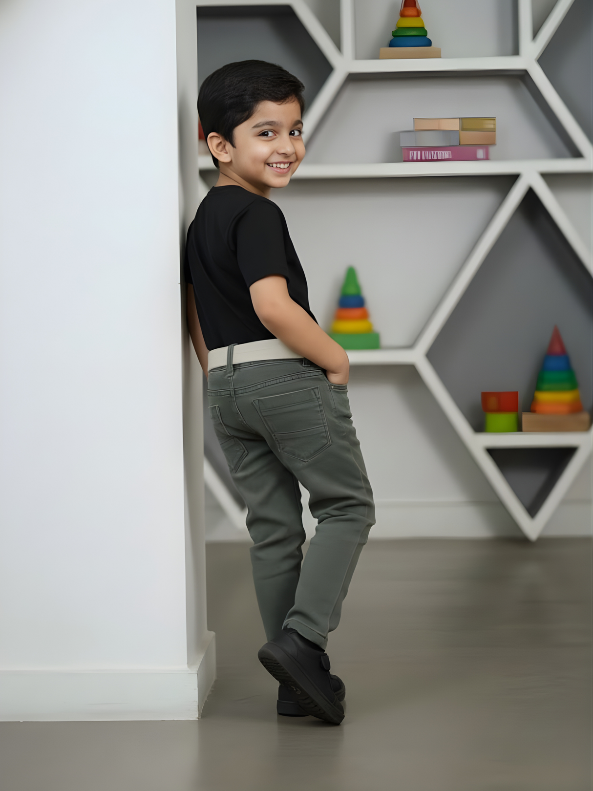 Boys' Stylish Olive Green Jeans with Complimentary Belt