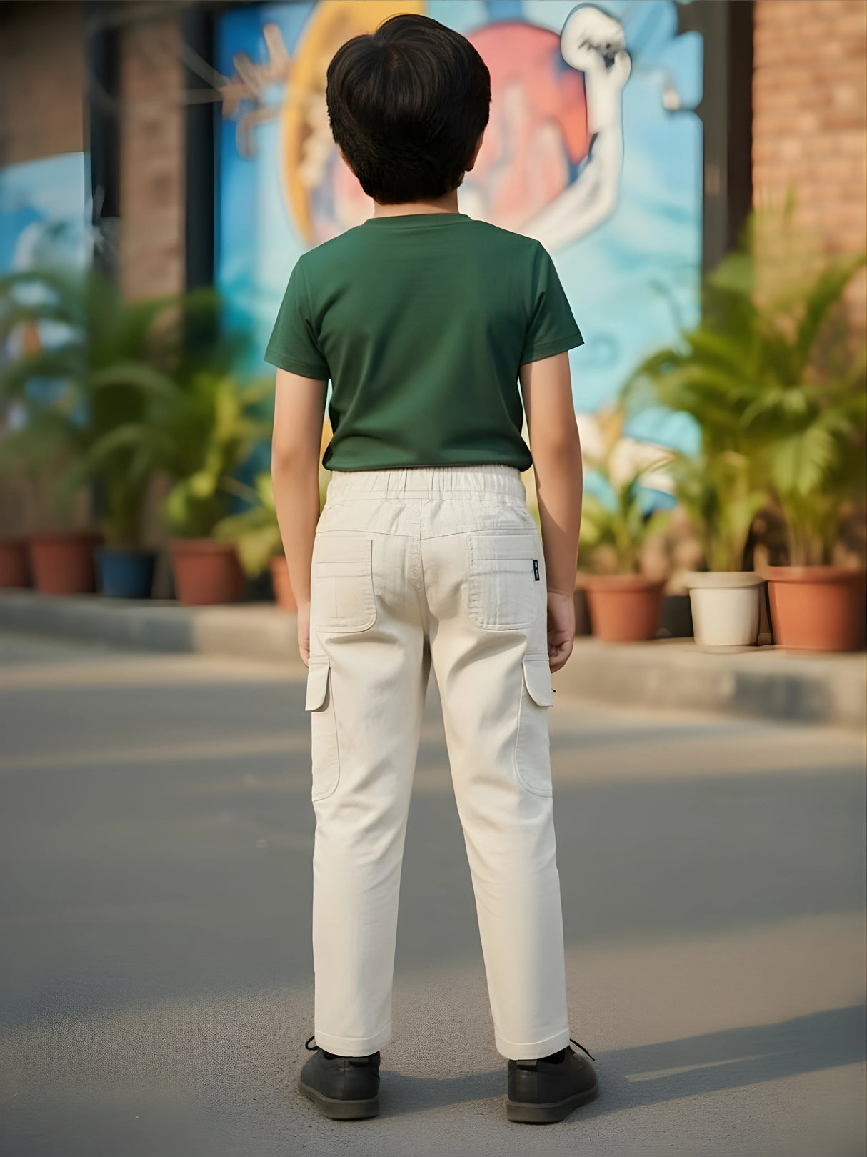 Boys' Cream Casual Cargo Chino Pants with Contrast Drawstring