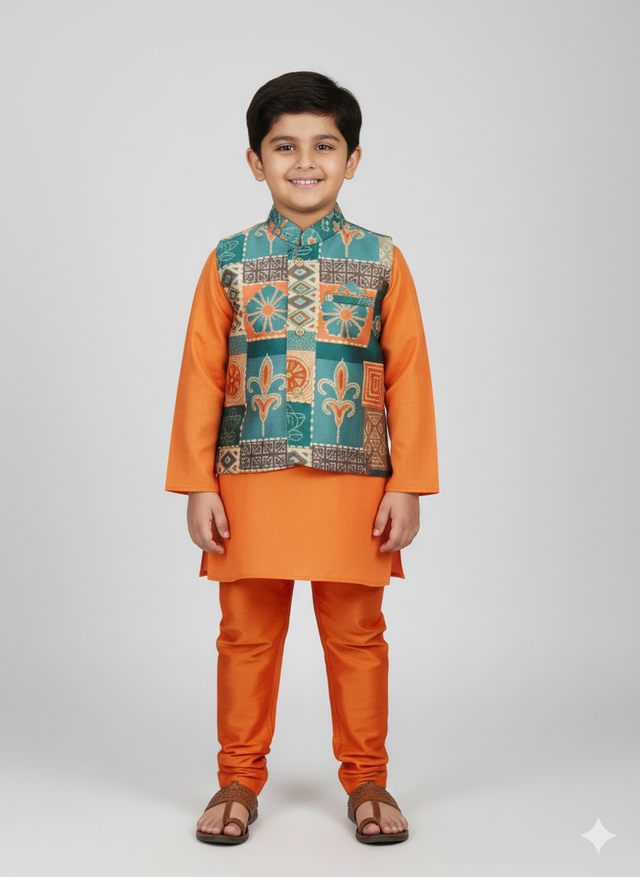 A young boy standing and smiling, wearing a bright orange long-sleeved kurta and pajama set, accessorized with a sleeveless teal, orange, and cream geometric-printed Nehru jacket.