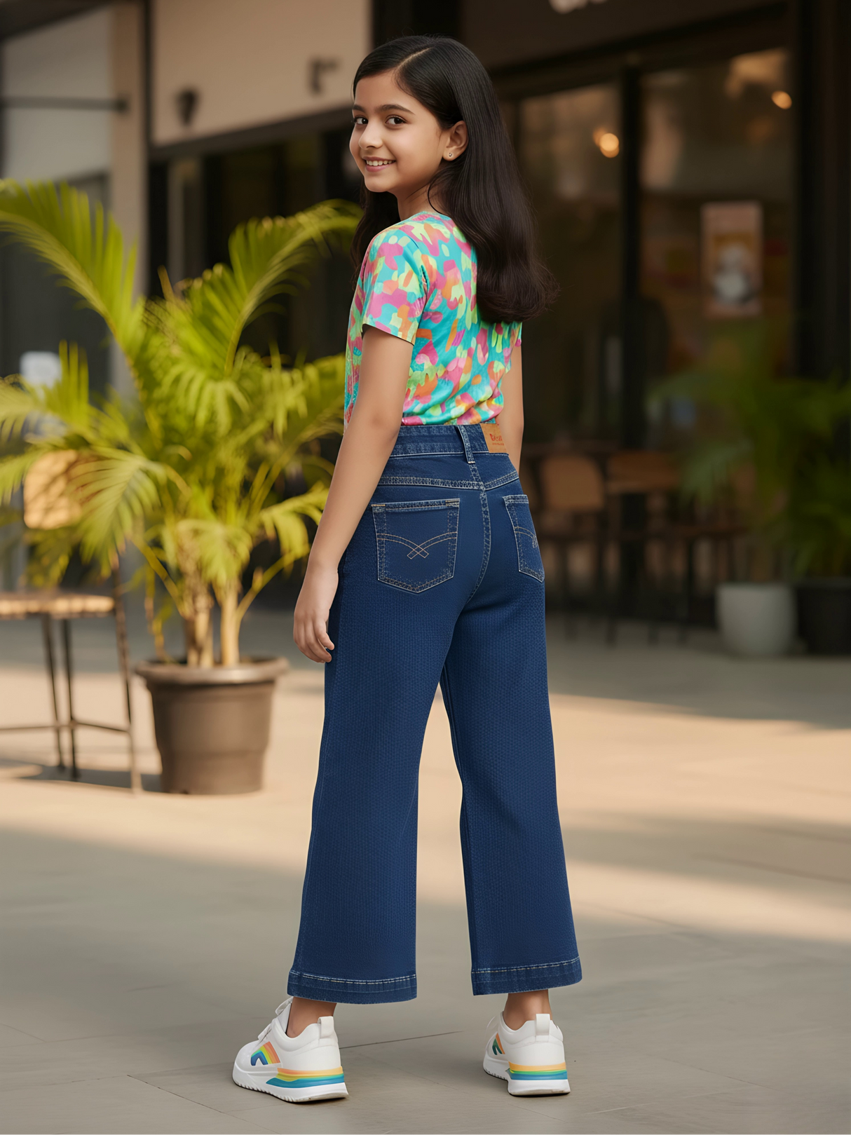 Girls High-Waist Wide-Leg Denim Jeans
