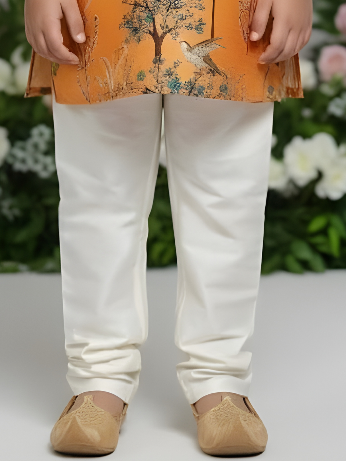 Boys' Bright Yellow Angrakha Kurta and White Pajama Set with Peacock Print