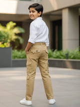 Boys' Khaki Multi-Pocket Cotton Cargo Pants with Webbing Belt