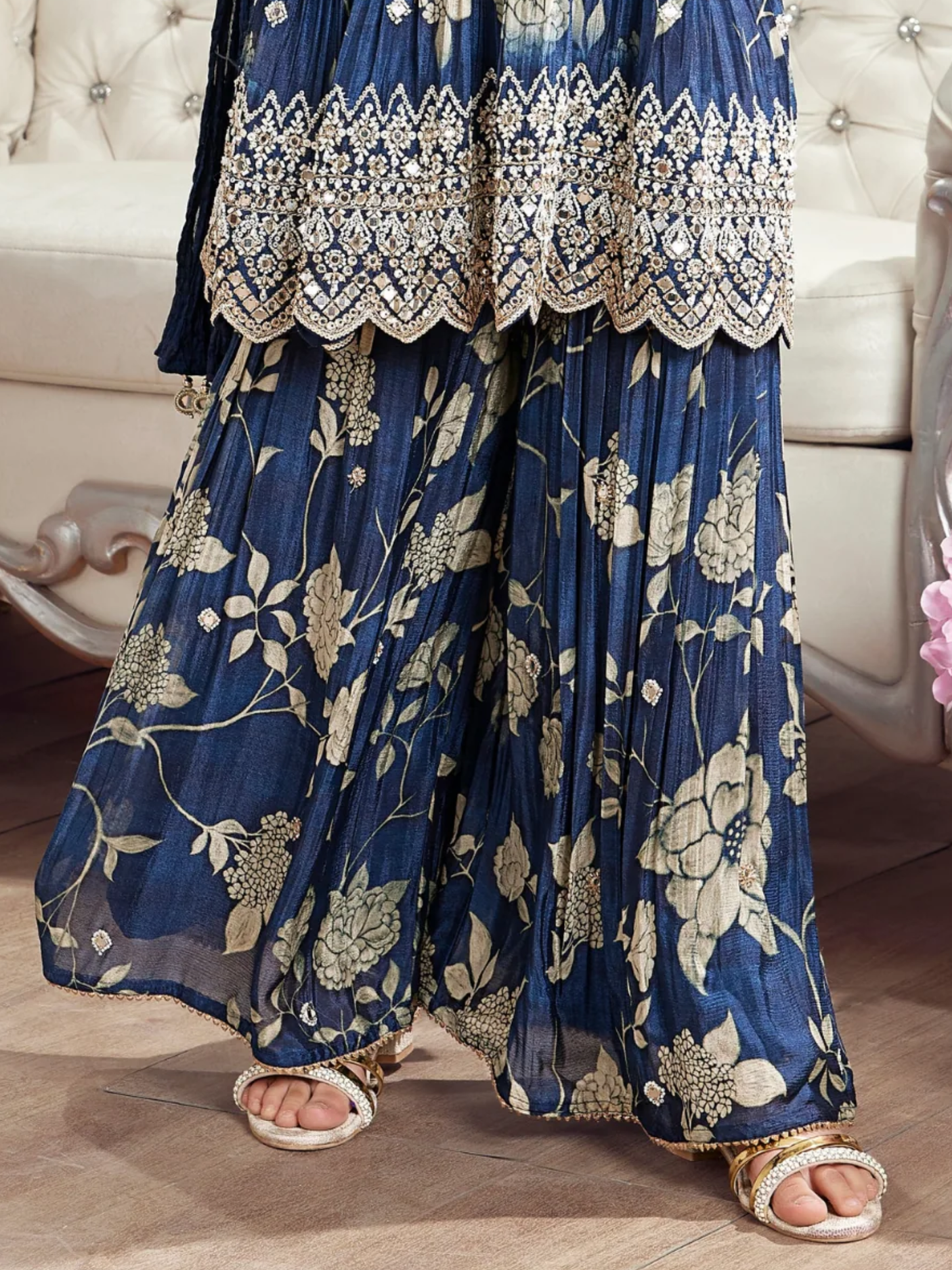 Girls' Elegant Navy Blue & Gold Floral Print Gharara Suit with Embroidery