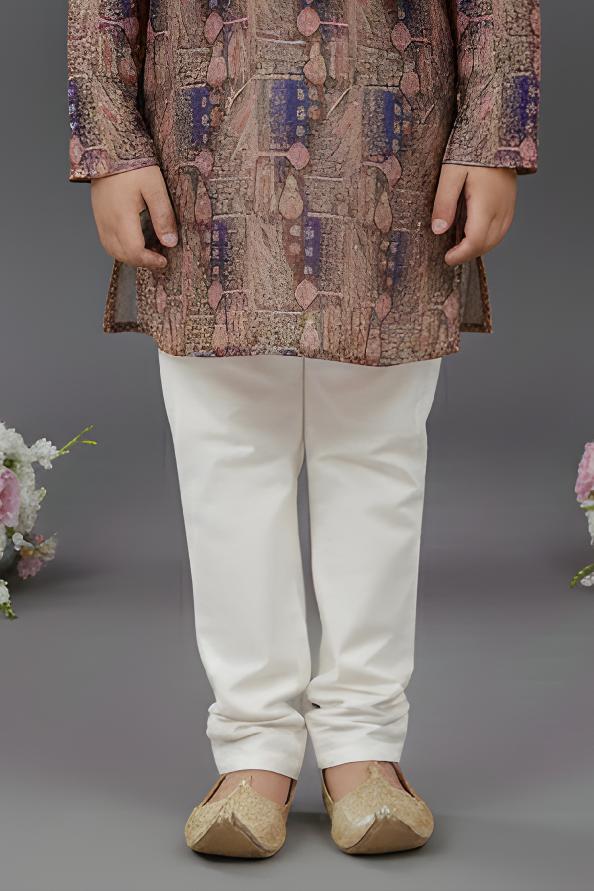 Boys' Mauve & Navy Printed Kurta with White Pyjama Set