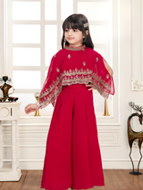 Girls' Festive Red Plazo Set with High-Neck Gold Embroidered Cape Top