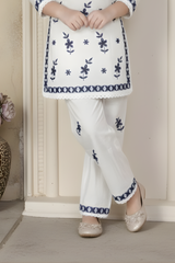 Girls' White Kurti & Trouser Set with Navy Blue Lucknowi Embroidery