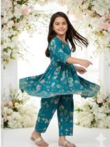 Girls' Cheerful Lime Green Print Angrakha Kurti and Sharara Skirt Set