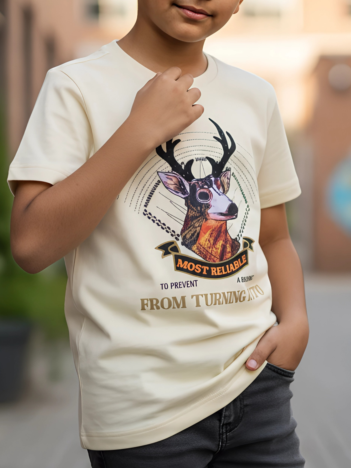 Kids' 'Mountain' Gradient Graphic T-Shirt - Cream Textured Finish.