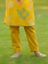 Girls Mustard Yellow Floral Kurta & Pant Set