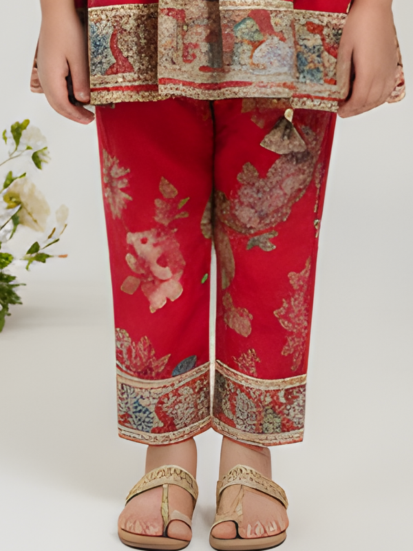 Girls' Vibrant Red Floral Print Angrakha Kurti, Trouser & Dupatta Set