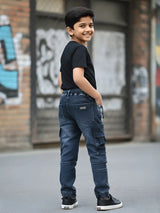 Boys Grey Graphic Print Multi-Pocket Cargo Jeans