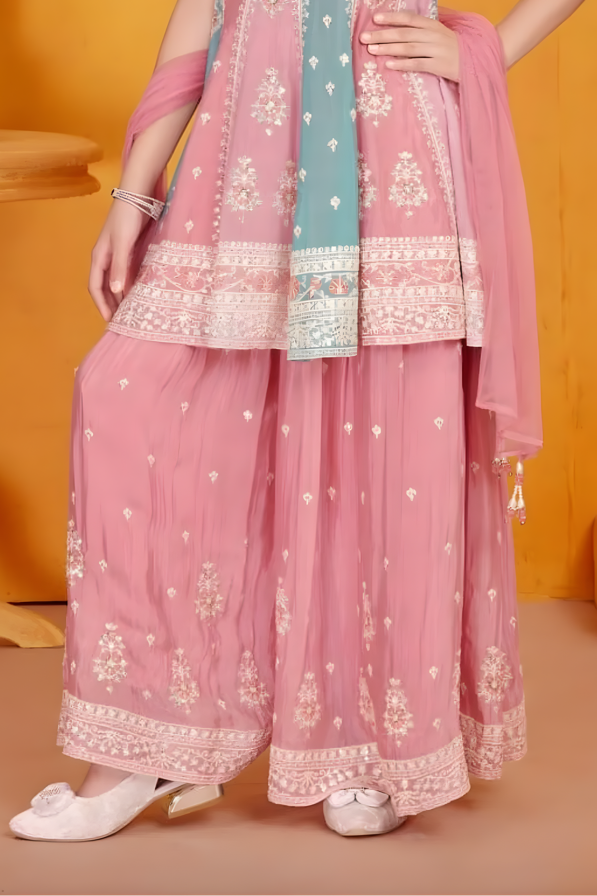 Rosewater Pink & Aqua Embroidered Sharara Set for Girls