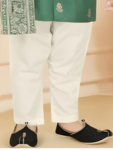 Boys' Emerald Green Brocade Kurta Pajama Set with Contrast Dupatta