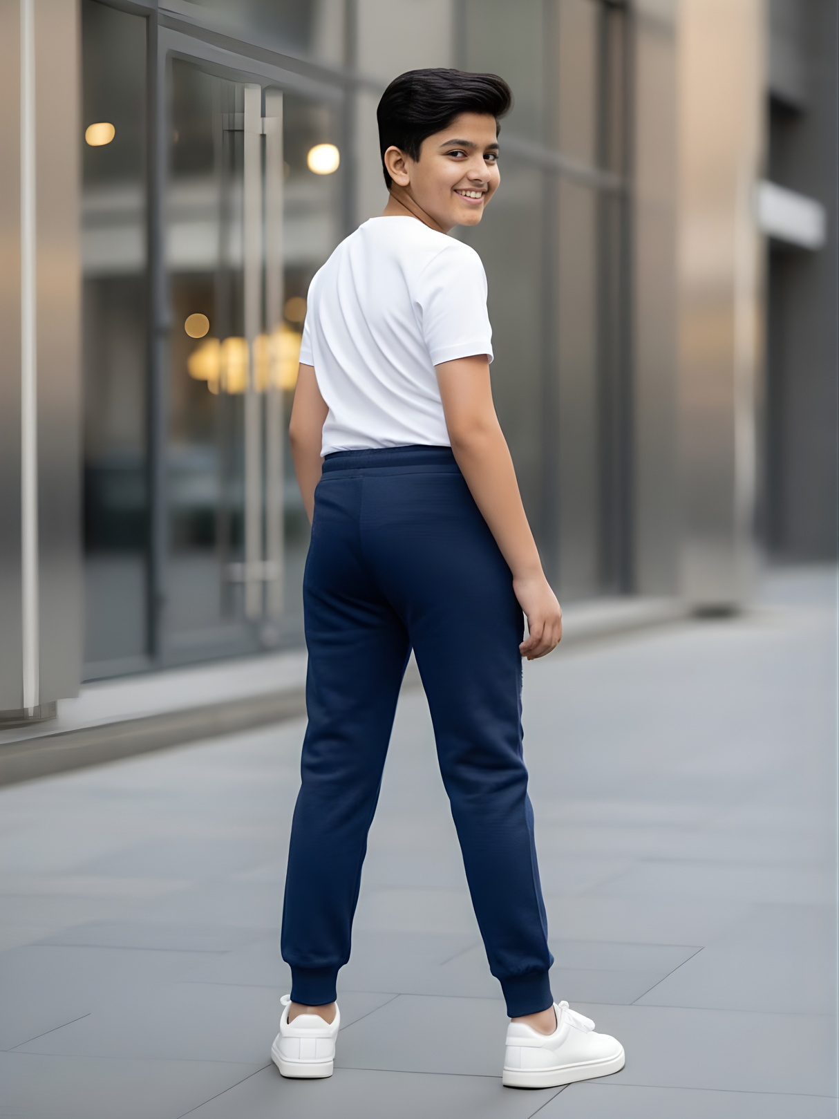 Boys' Navy Blue Cotton Blend Joggers with Contrast Drawstring