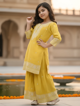 Girls Yellow Embroidered Kurti-Sharara Set