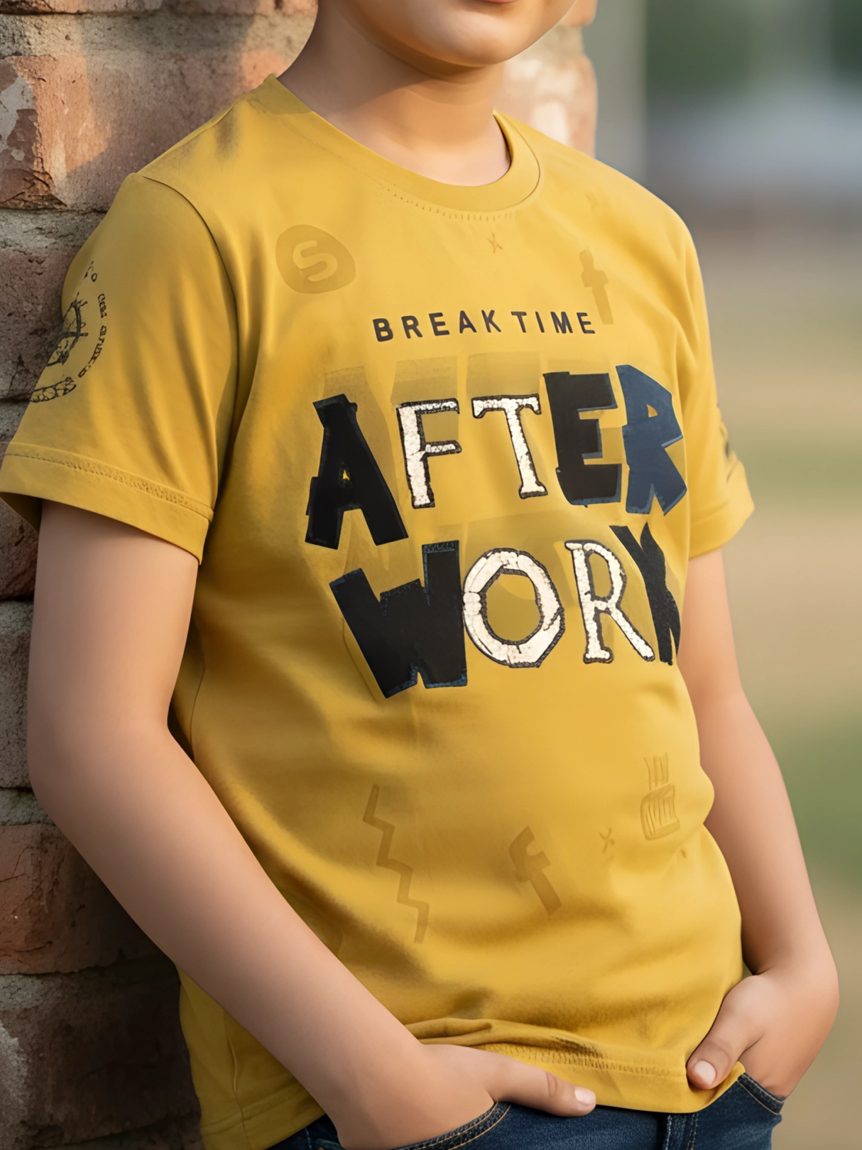 Boys' Mustard Yellow "AFTER WORK" Textured Graphic T-Shirt