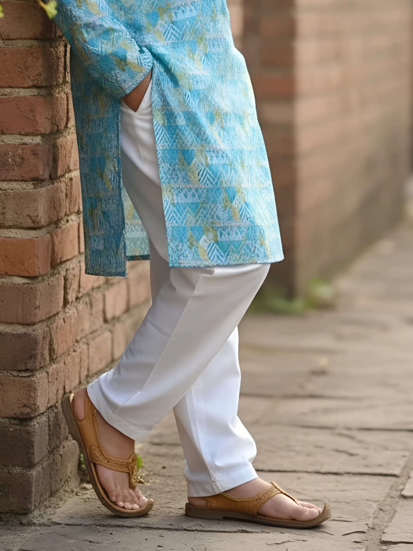 Boys' Light Blue Geometric Print Kurta with White Pajama